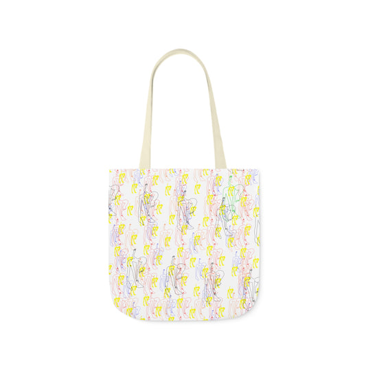White tote bag featuring a colorful repeating pattern of abstract line art figures in pastel shades