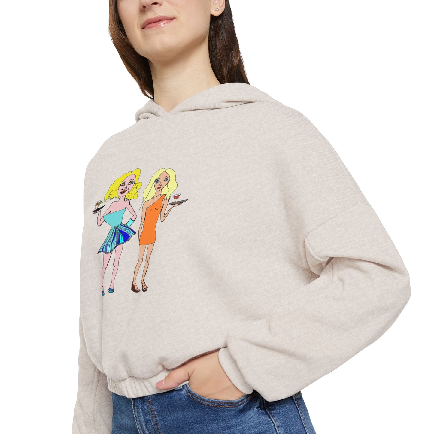 Side view of model in oatmeal hoodie with hand-drawn design.