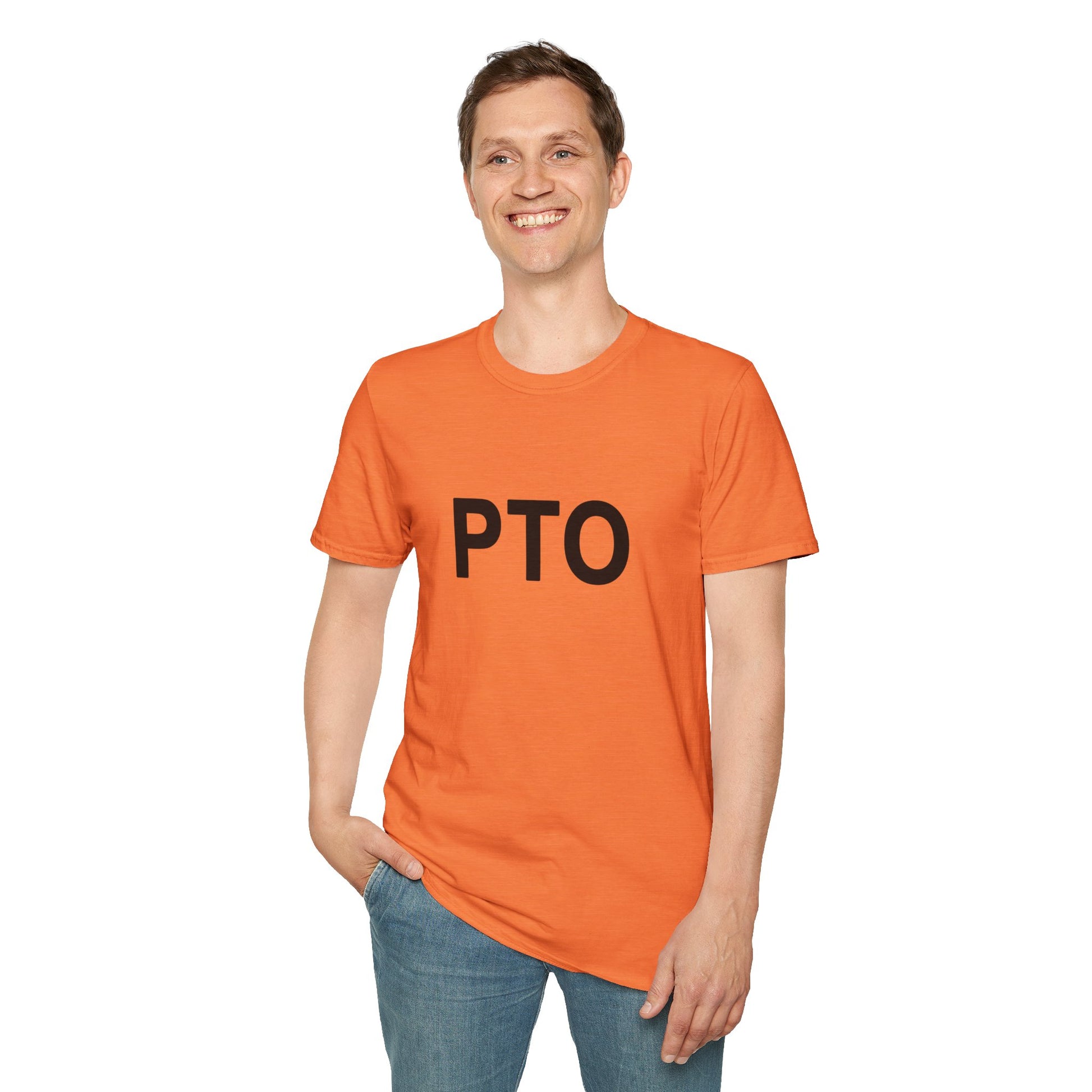 Person wearing an orange t-shirt with 'PTO' text on a white background