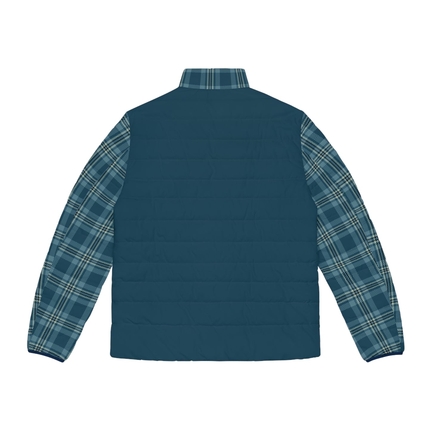 Blue puffer vest with plaid sleeves on a white background