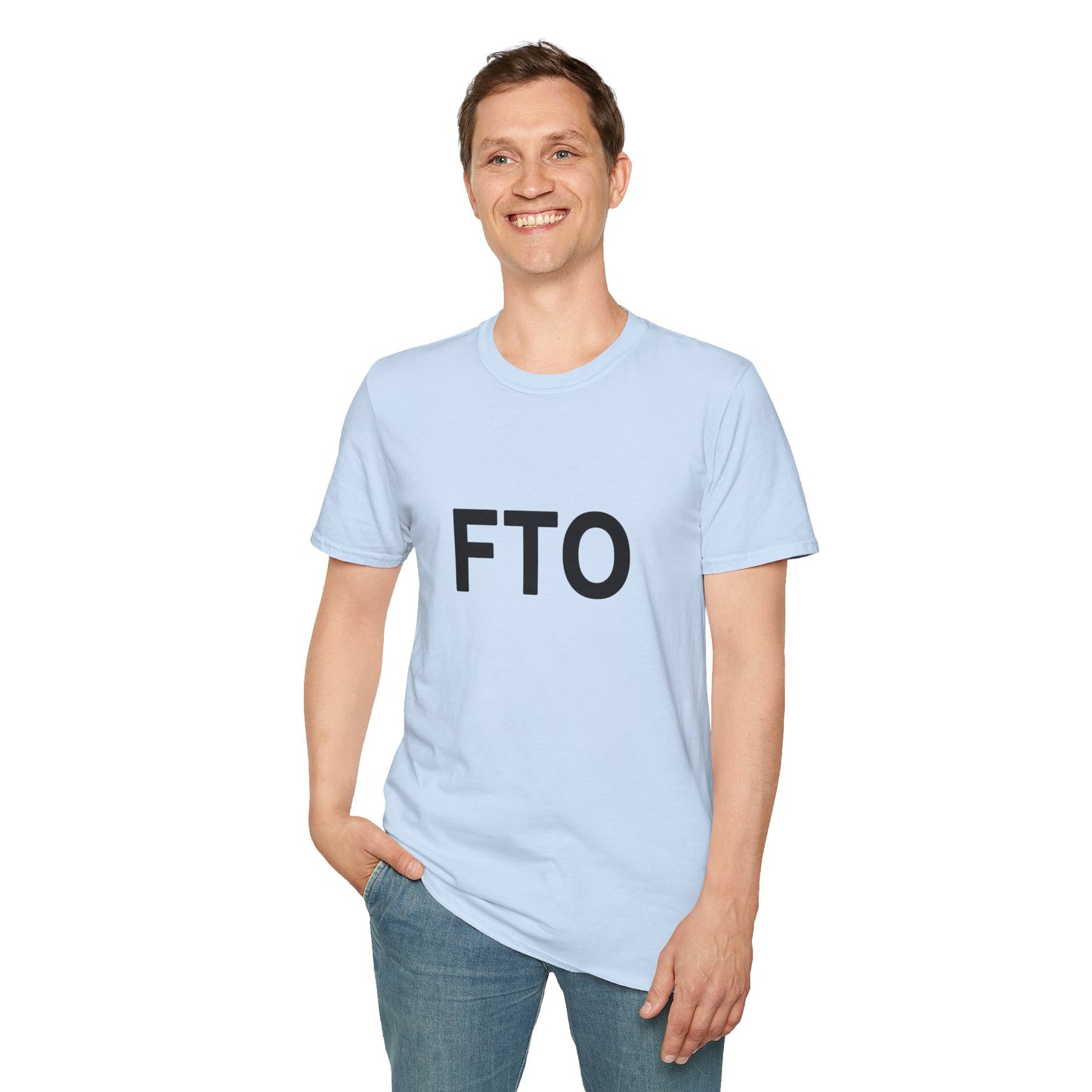 Person wearing a light blue t-shirt with 'FTO' text on a white background