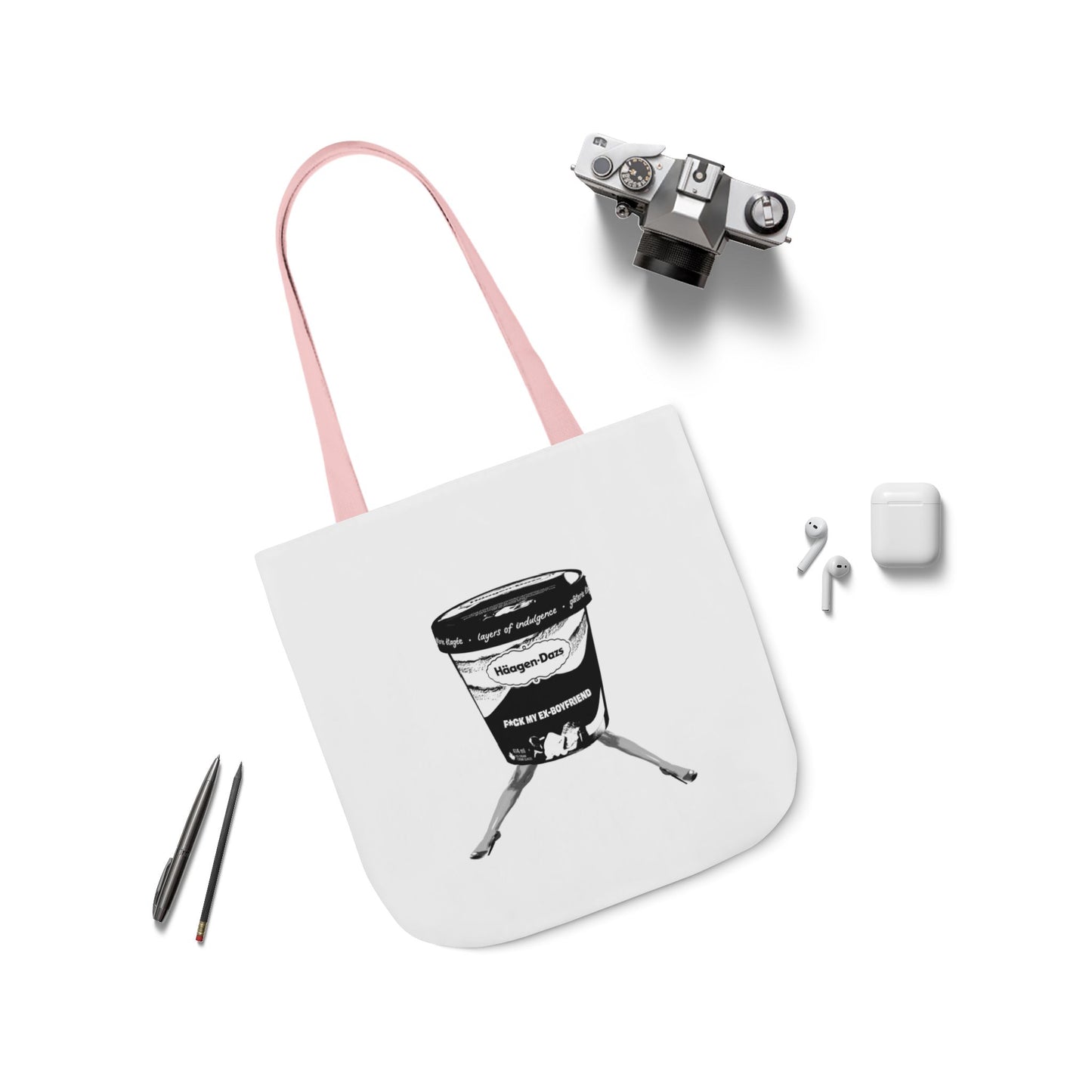 F*ck My Ex Boyfriend Tote Bag with pink straps displayed flat with accessories