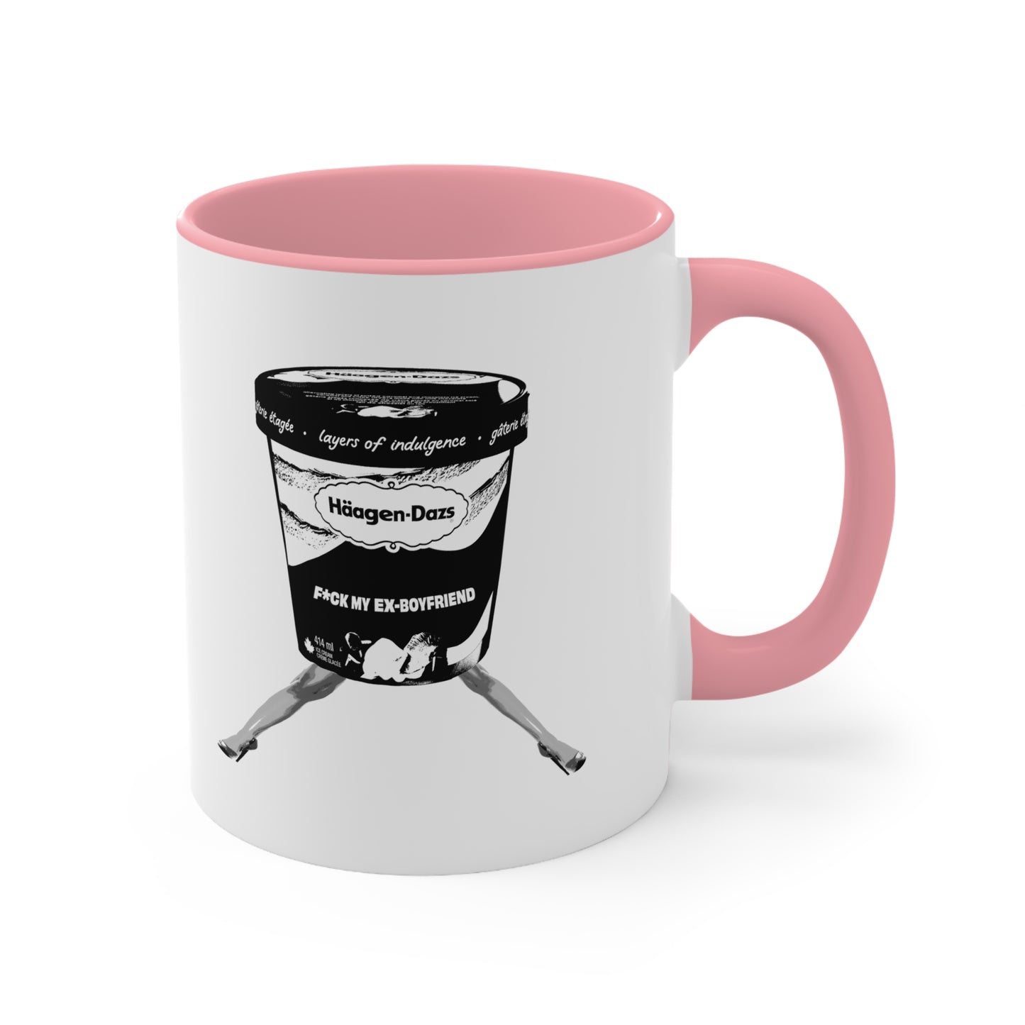 White mug with pink interior and handle featuring bold breakup design