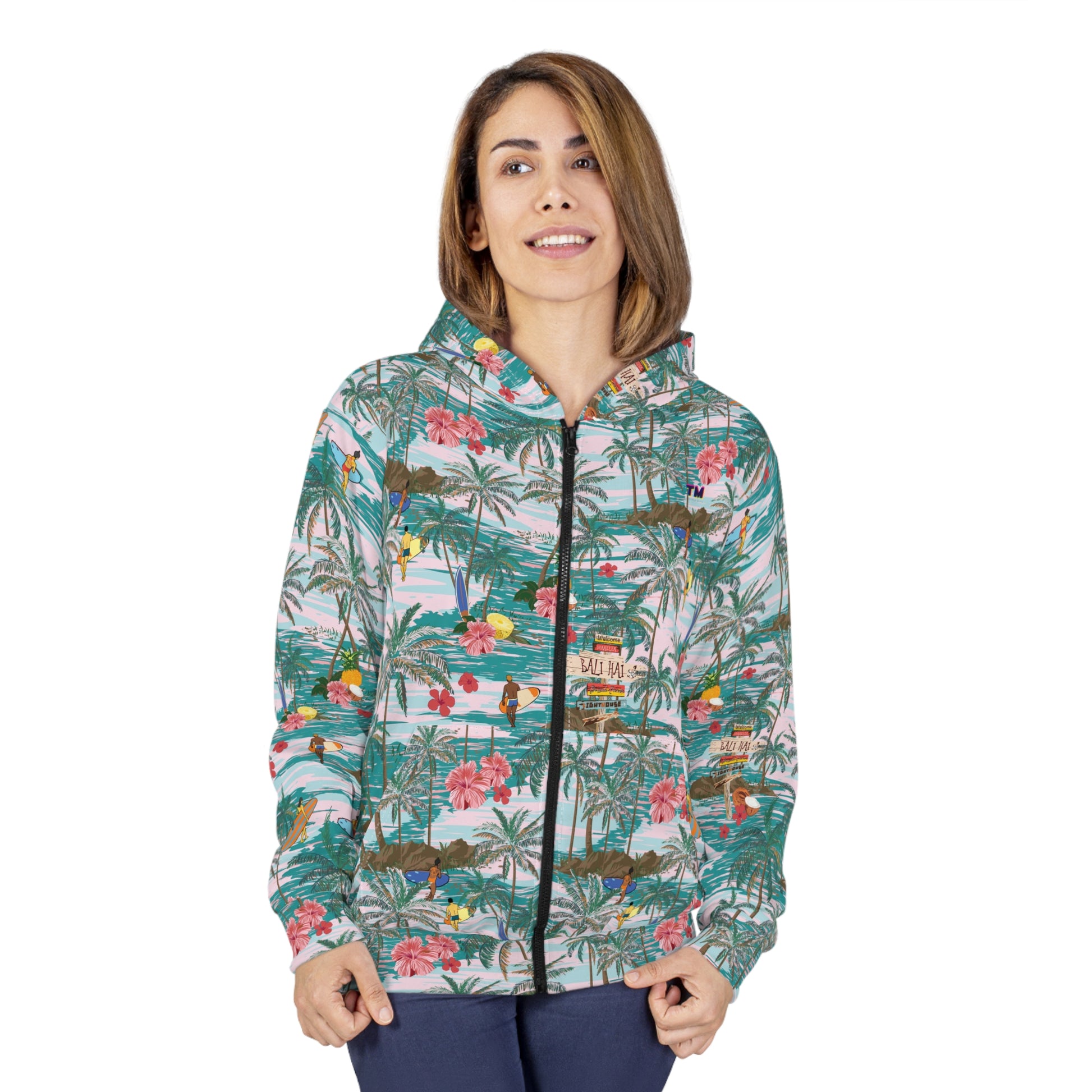 Female model wearing Hawaiian Zip Hoodie with floral and palm print.