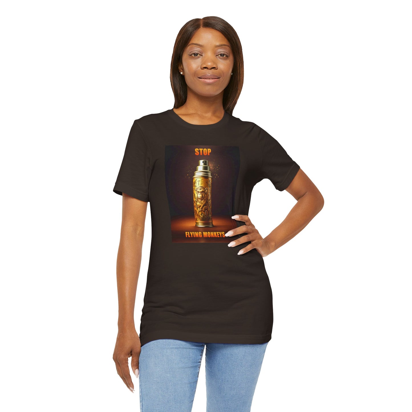 Woman in black Stop Flying Monkeys T-Shirt with hands on hips