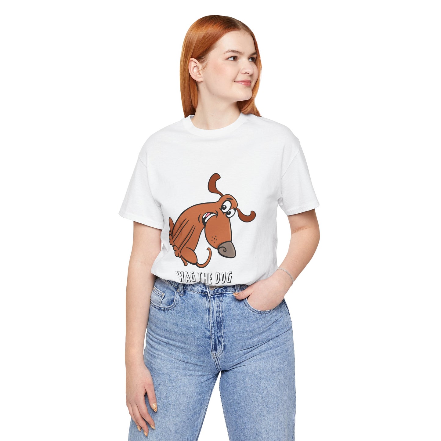 Female model wearing Wag The Dog T-Shirt in white with dog graphic