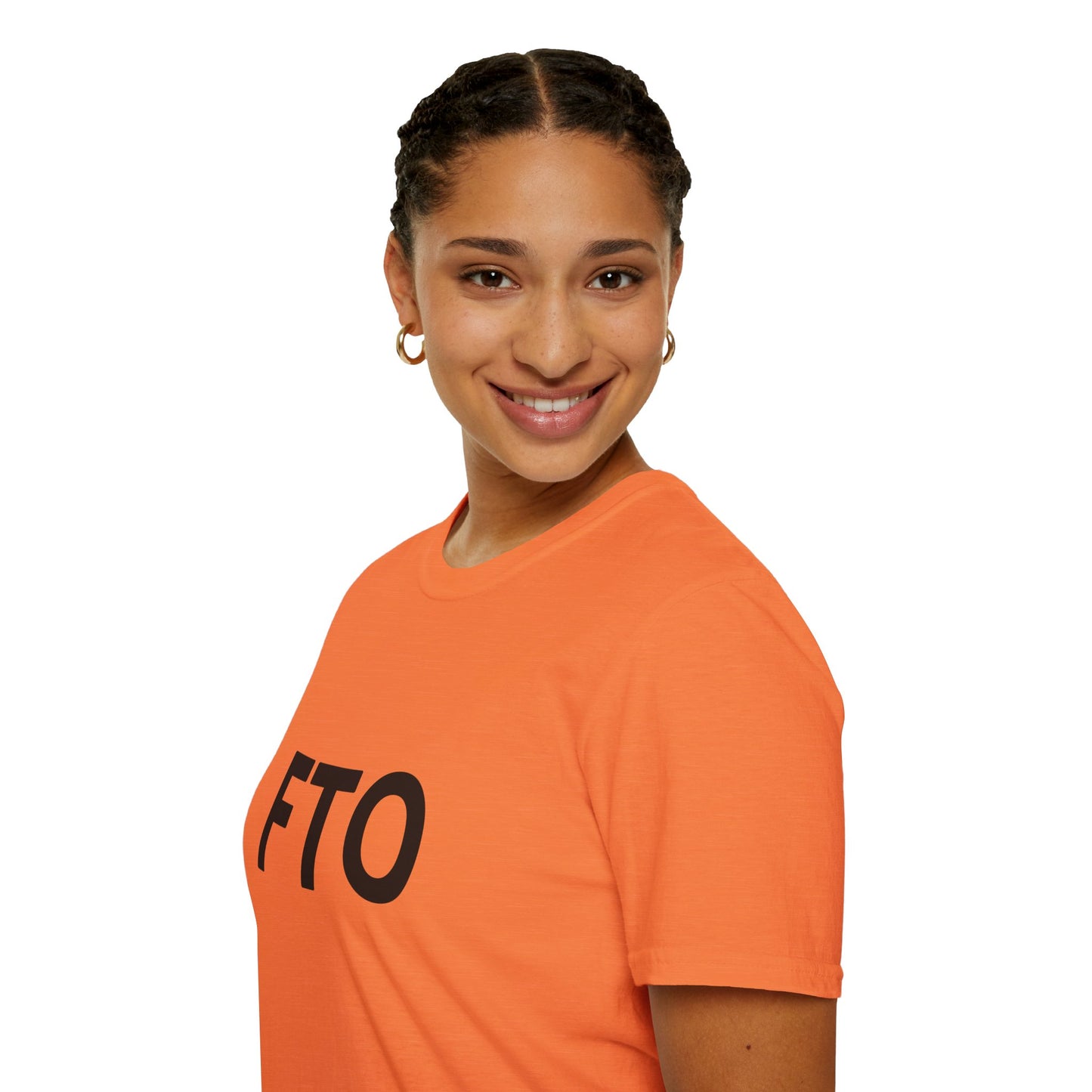 Woman smiling in orange FTO T-shirt