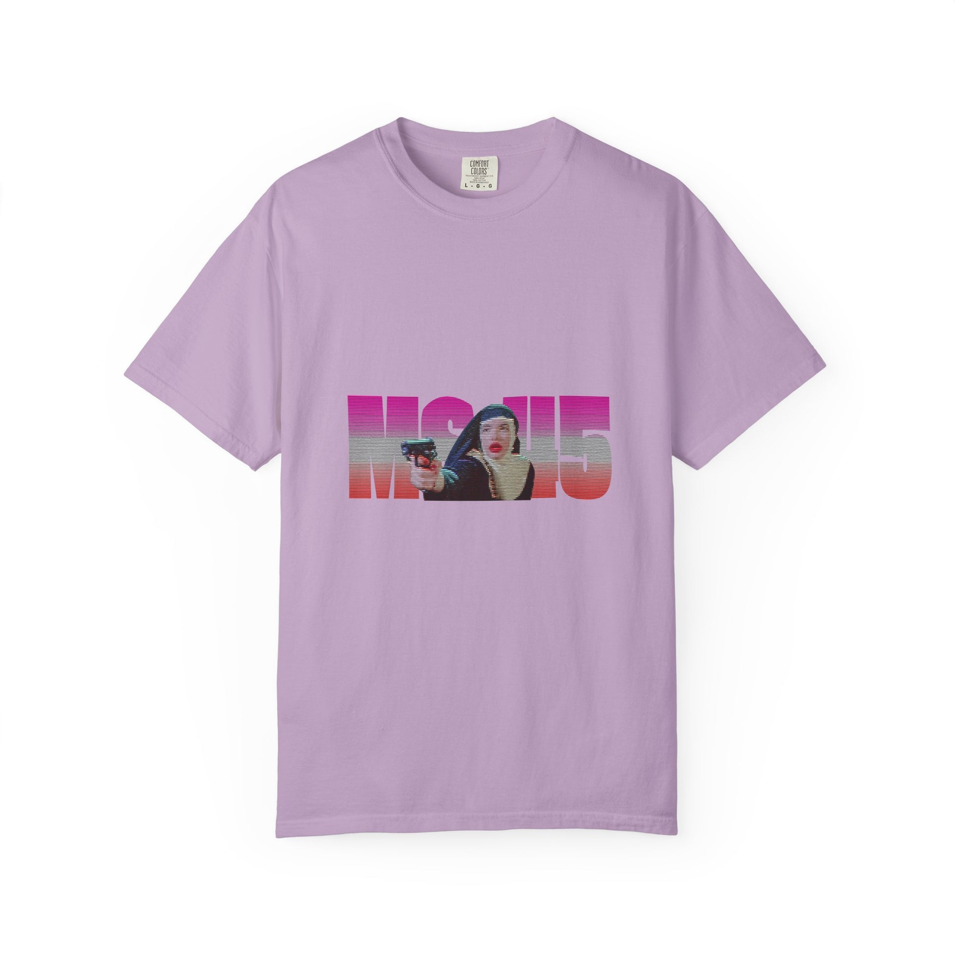Lavender Ms.45 T-Shirt flat lay front view with cult film graphic