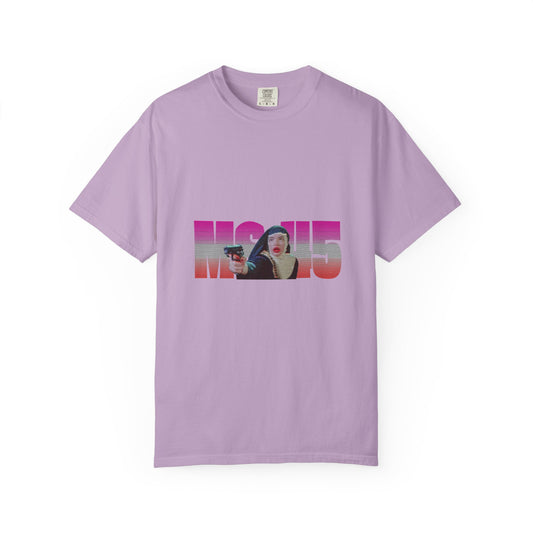 Lavender Ms.45 T-Shirt flat lay front view with cult film graphic