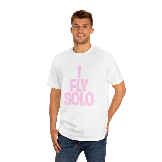 Man wearing a white t-shirt with 'I Fly Solo' in pink text on a white background