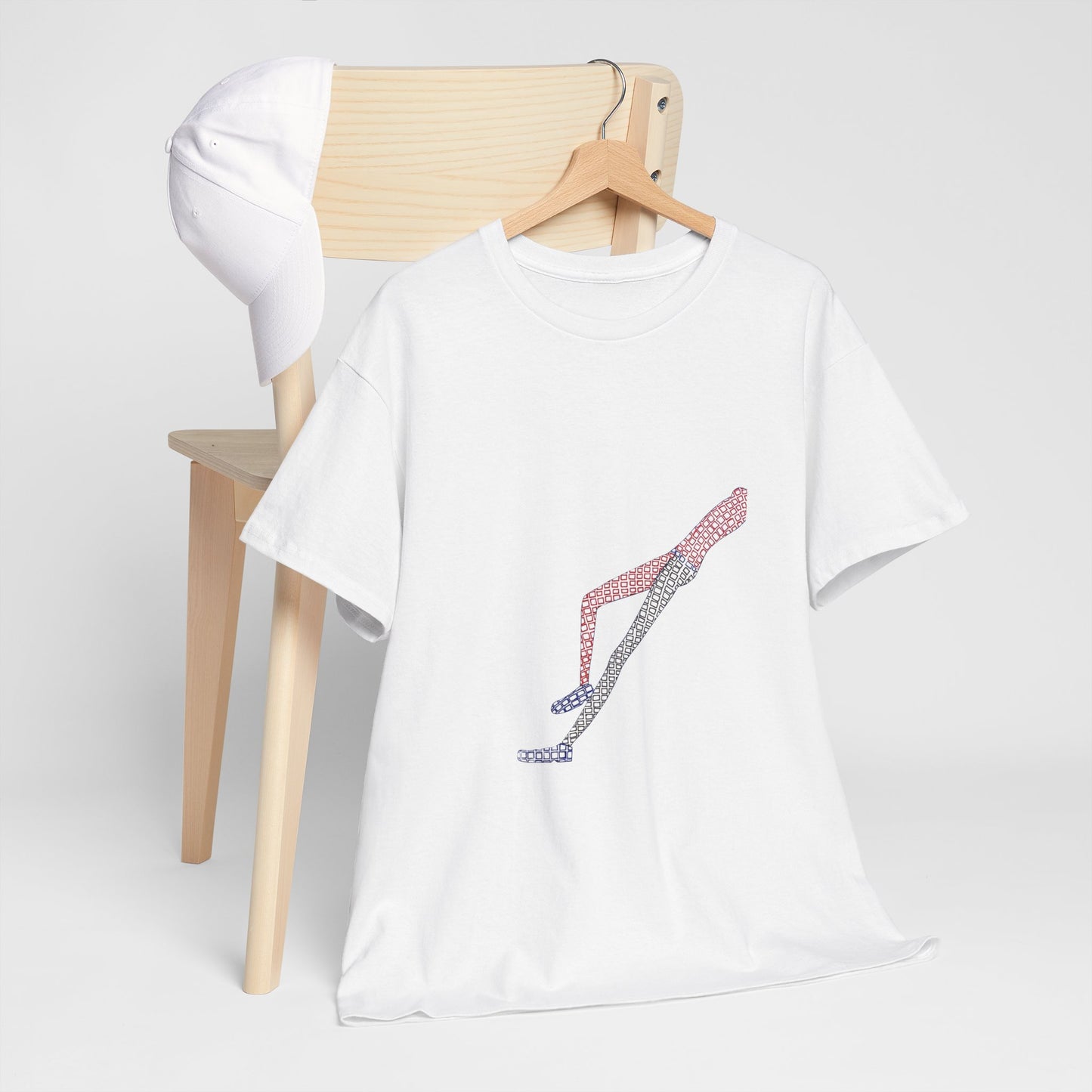 White Shapes in Shapes T-Shirt on wooden chair with cap