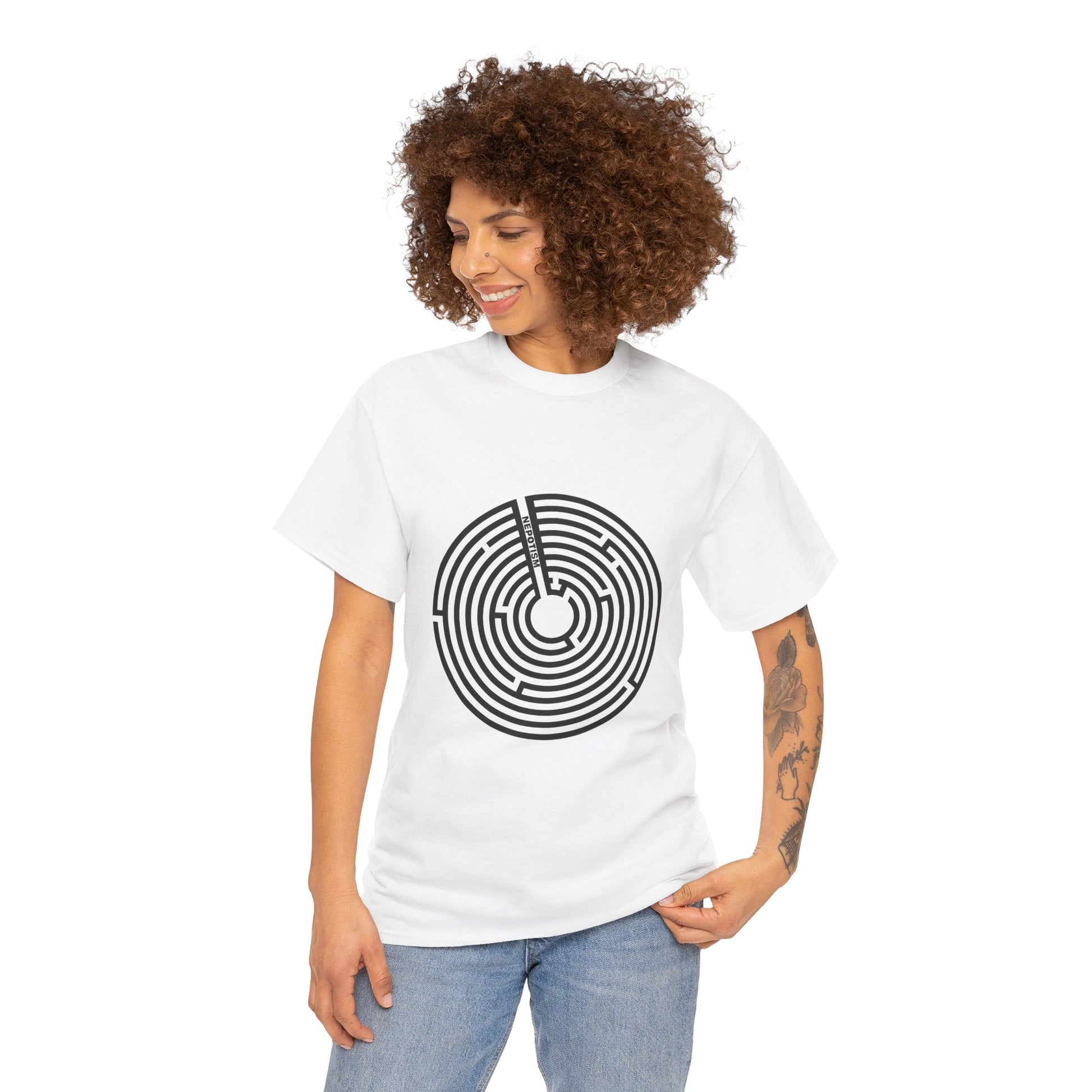 White Nepo T-Shirt with maze circle graphic on model