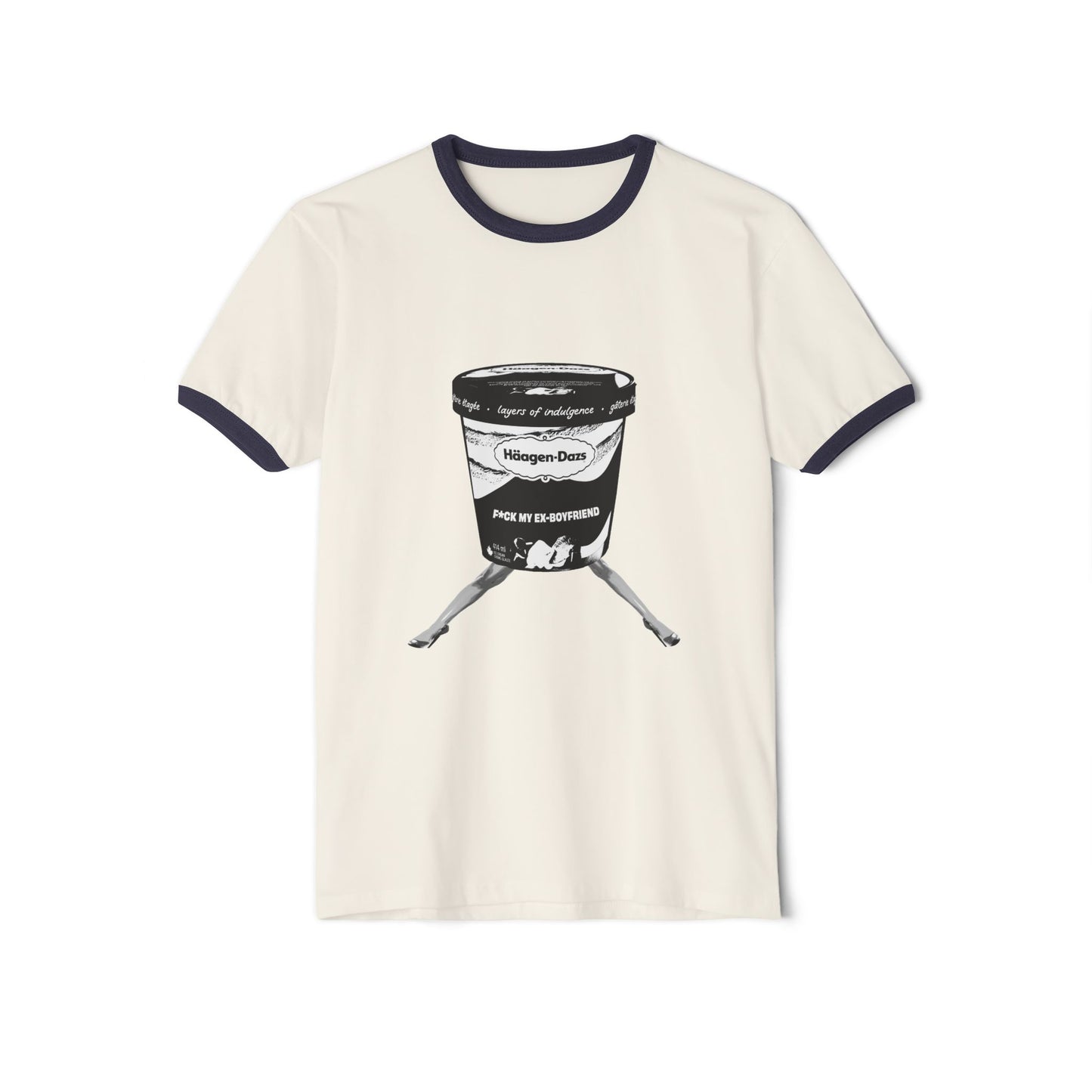 Flat lay of cream ringer t-shirt with bold black graphic of ice cream bucket and crossed legs