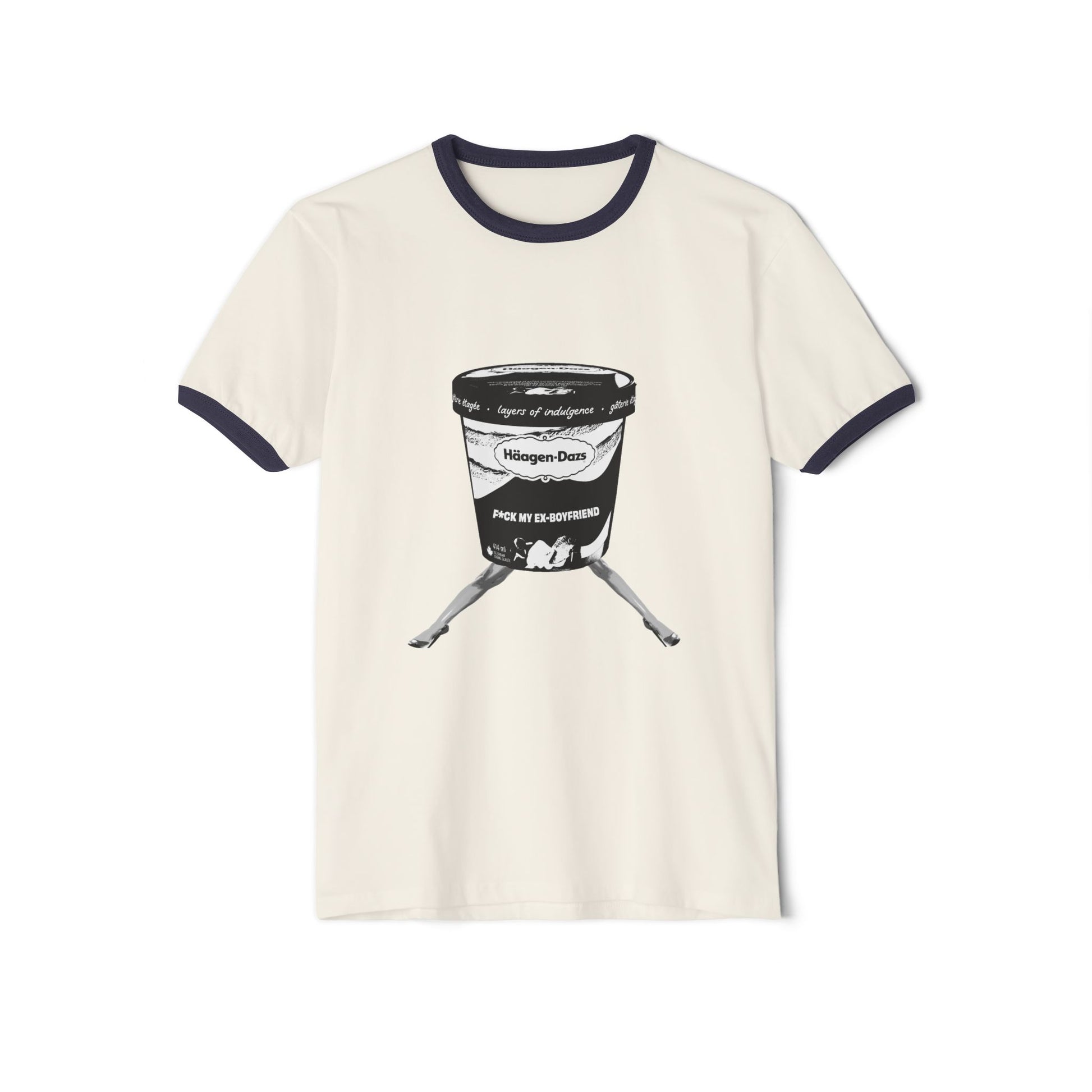 Flat lay of cream ringer t-shirt with bold black graphic of ice cream bucket and crossed legs