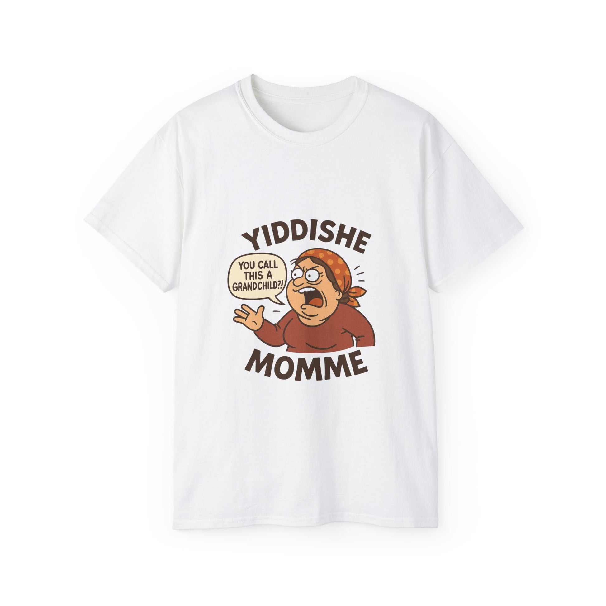 White Yiddishe Momme T-shirt with a bold graphic of a classic Jewish mother and playful text.