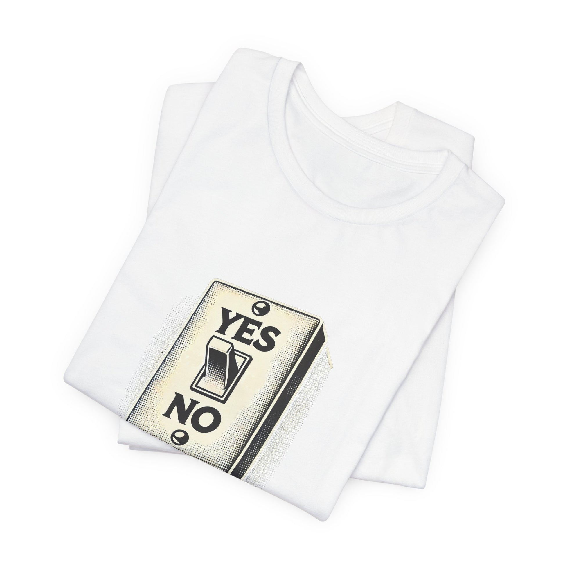 Folded white YES/NO Switch Tee with visible print
