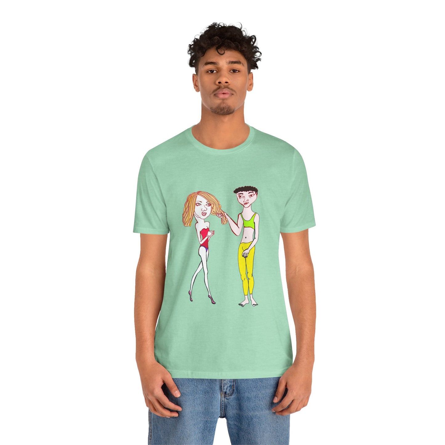 Male model wearing a mint Charlotte and Van hand-drawn couple tee, hands by sides, showing off the bold couple design.