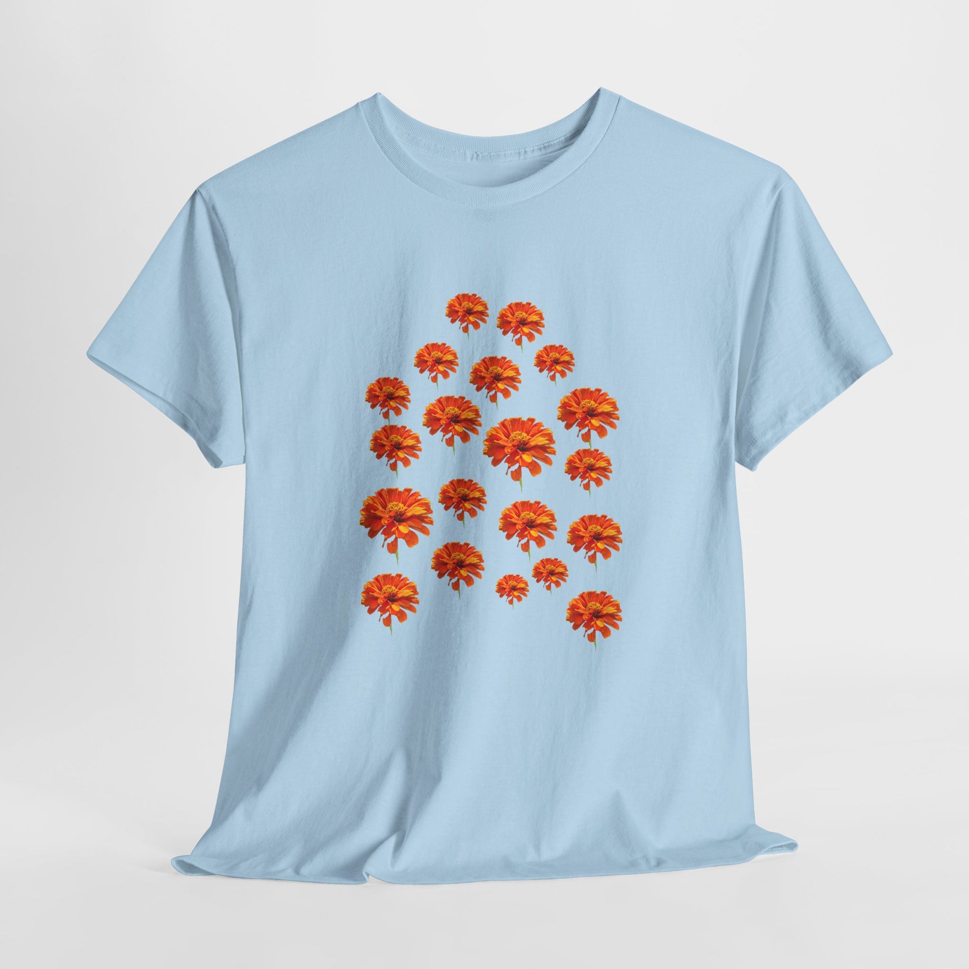Light blue Zinnia T-Shirt with orange flower design flat lay front view