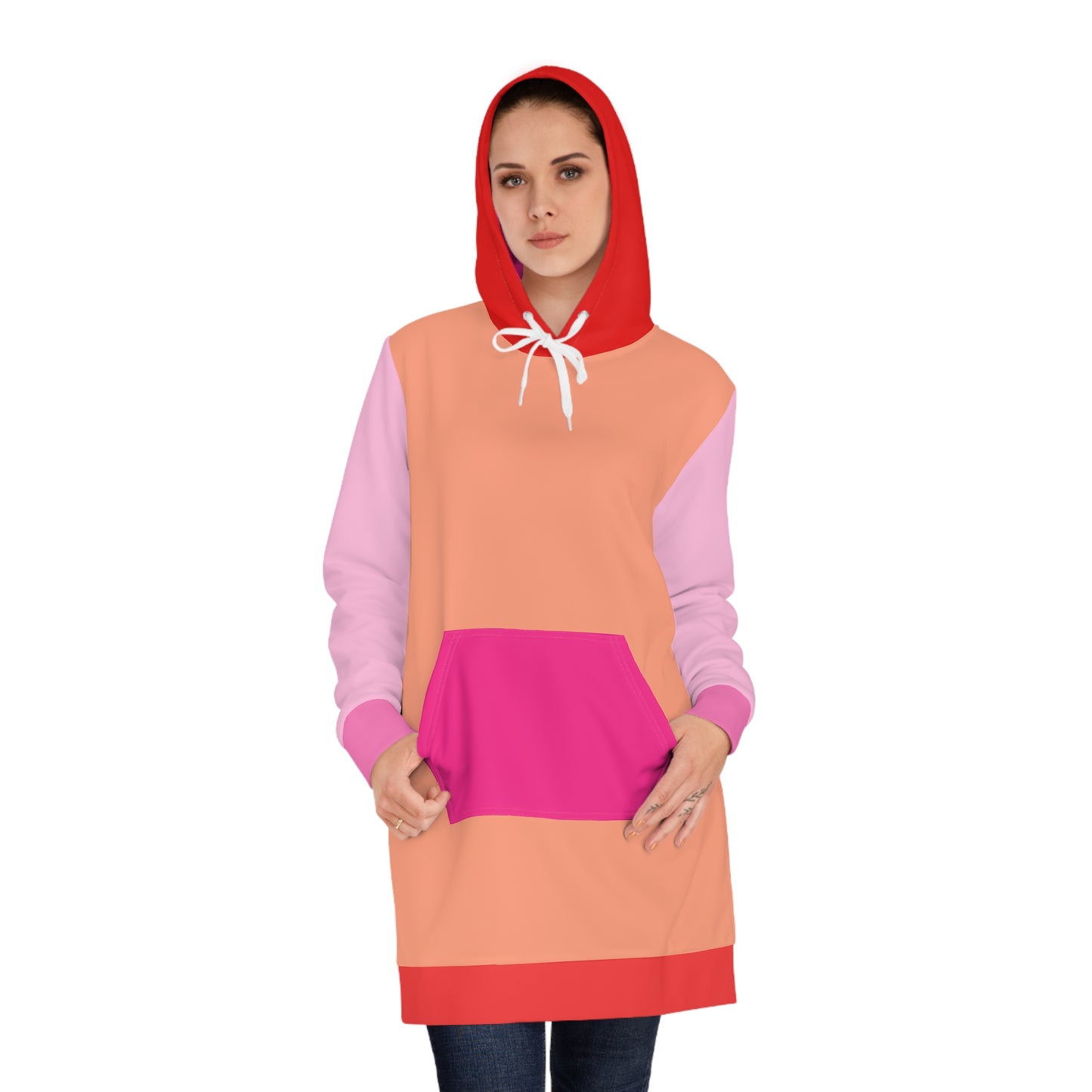 Female model wearing Pink and Orange Hoodie Dress with hood up