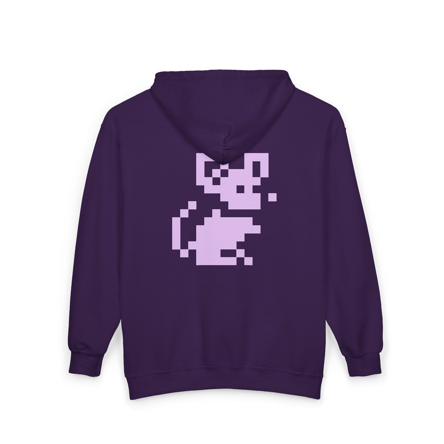 Back of purple Pixel Mouse Zip Hoodie with white pixel mouse design centered on back.