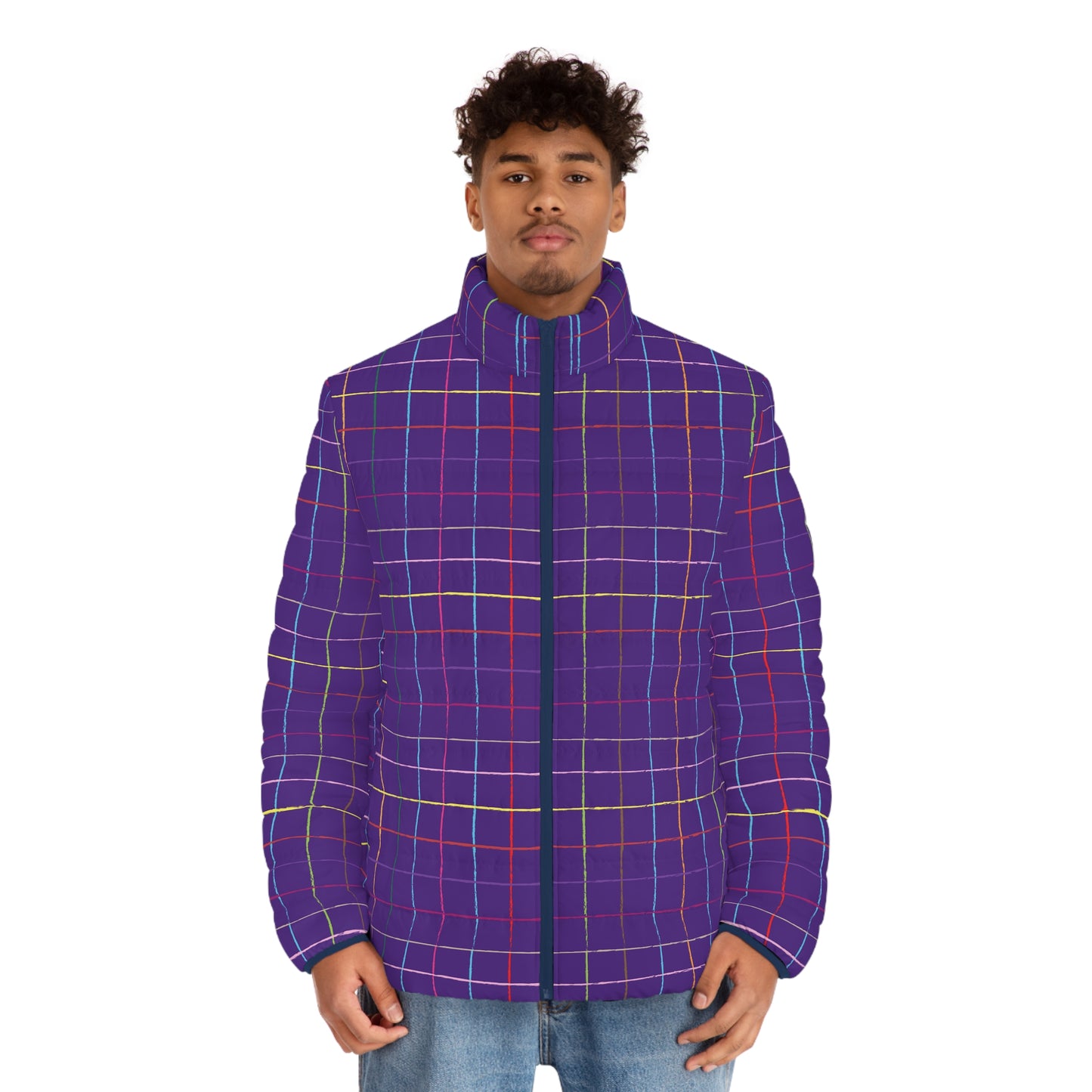 Model wearing Colorful Grid Men’s Puffer Jacket Lightweight Winter Coat front view
