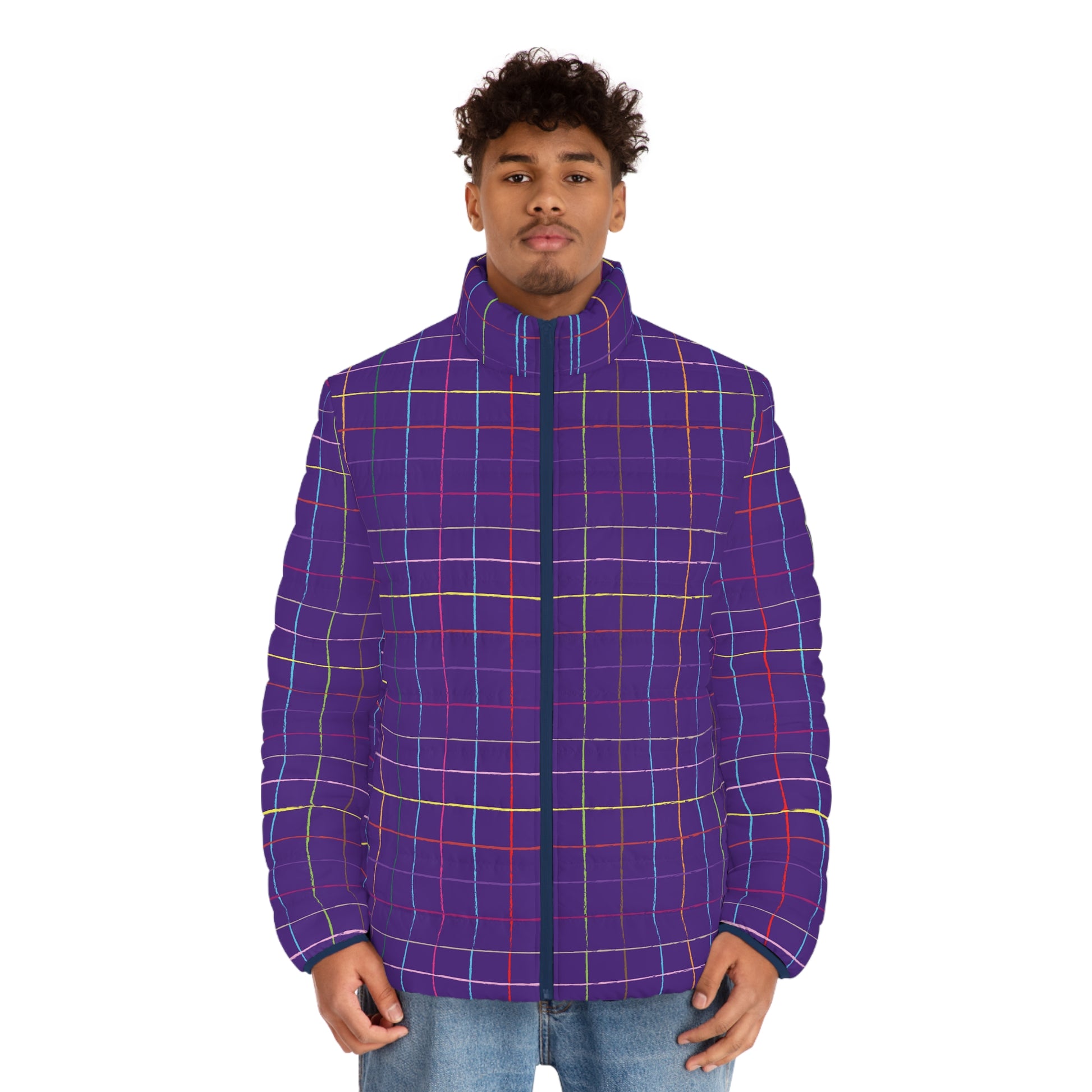 Model wearing Colorful Grid Men’s Puffer Jacket Lightweight Winter Coat front view