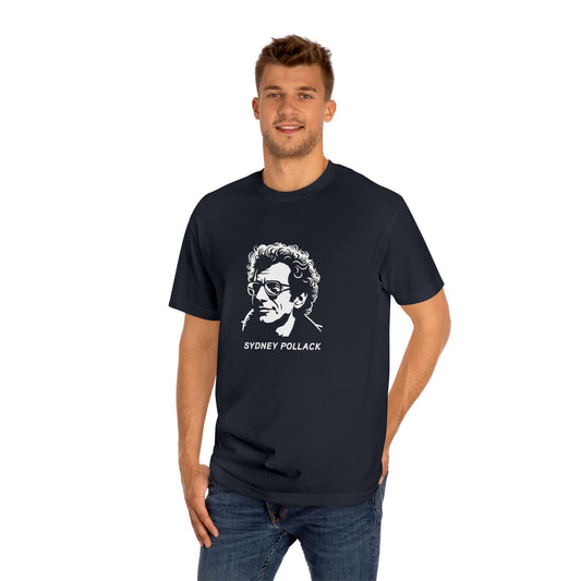 Male model wearing Sydney Pollack Tribute T-Shirt in black with graphic portrait print