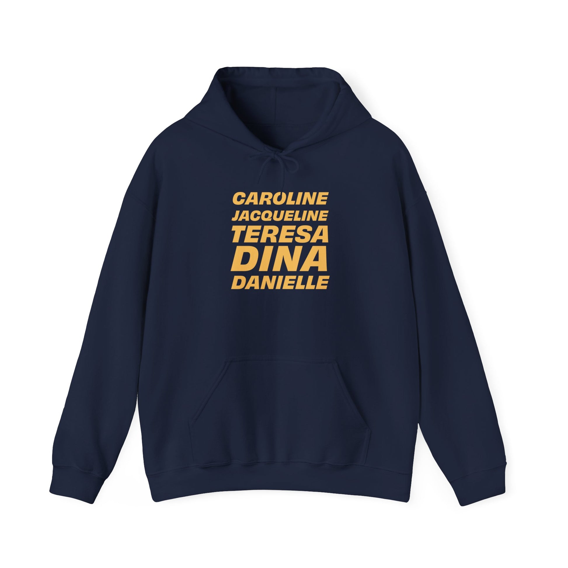 Navy OG NJ Housewives Hooded Sweatshirt with yellow text design shown flat.