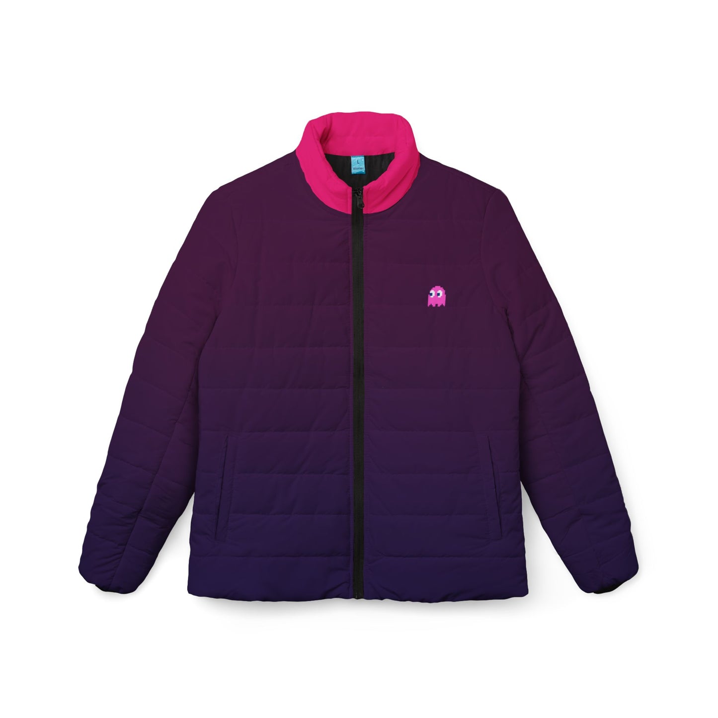 Front view of the Pinky Ghost Purple Women’s Puffer Jacket with bright pink collar and Pac-Man ghost logo.