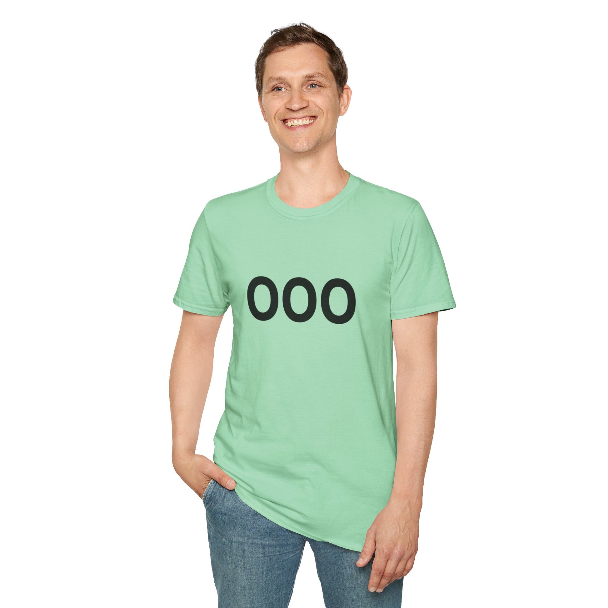 Person standing wearing mint green OOO T-shirt plain background