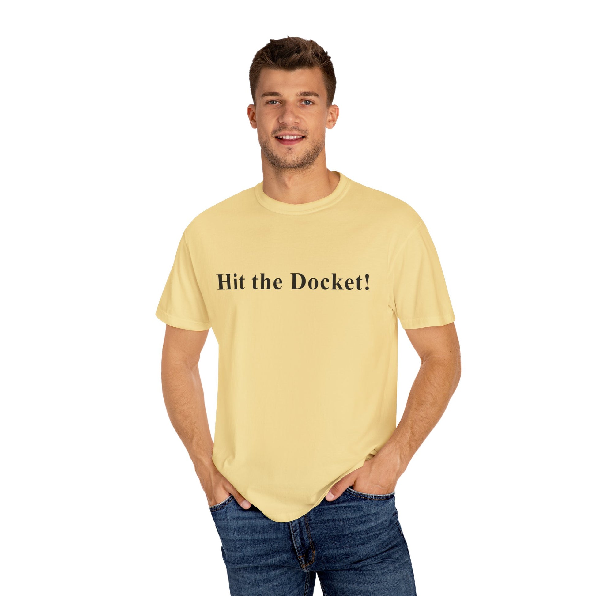 Man wearing a yellow t-shirt with 'Hit the Docket!' text on a white background