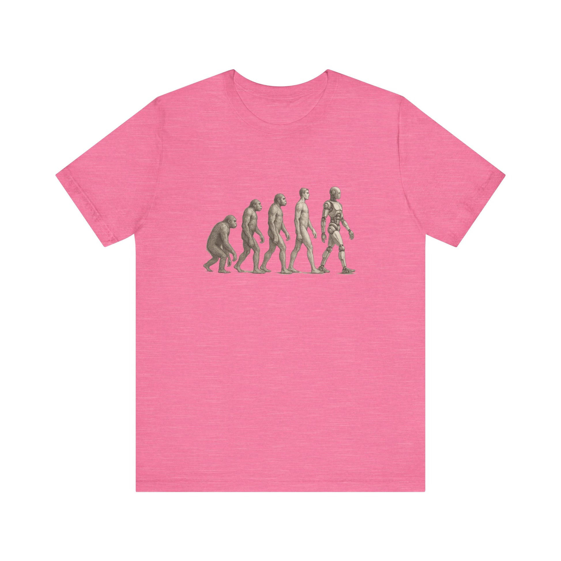 Pink t-shirt featuring human evolution graphic from ape to robot