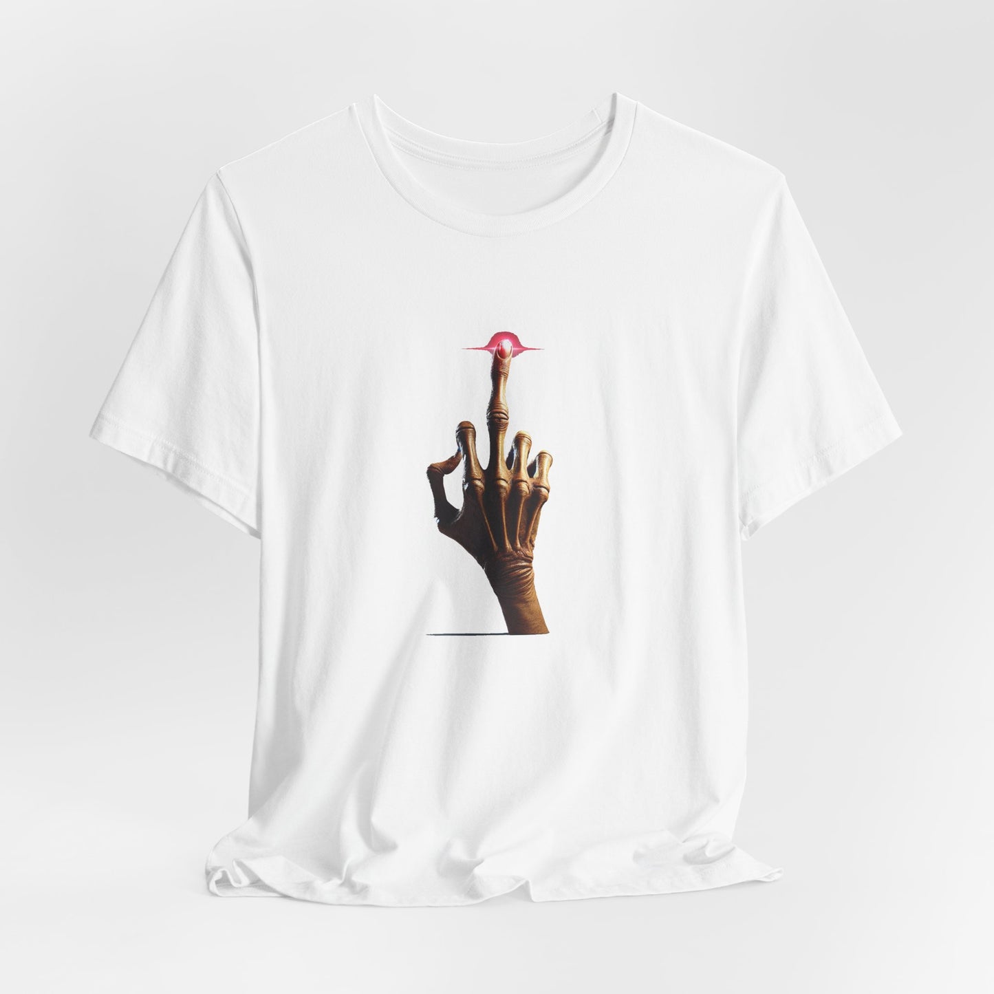 White E.T Unisex T-Shirt flat lay with hand graphic design