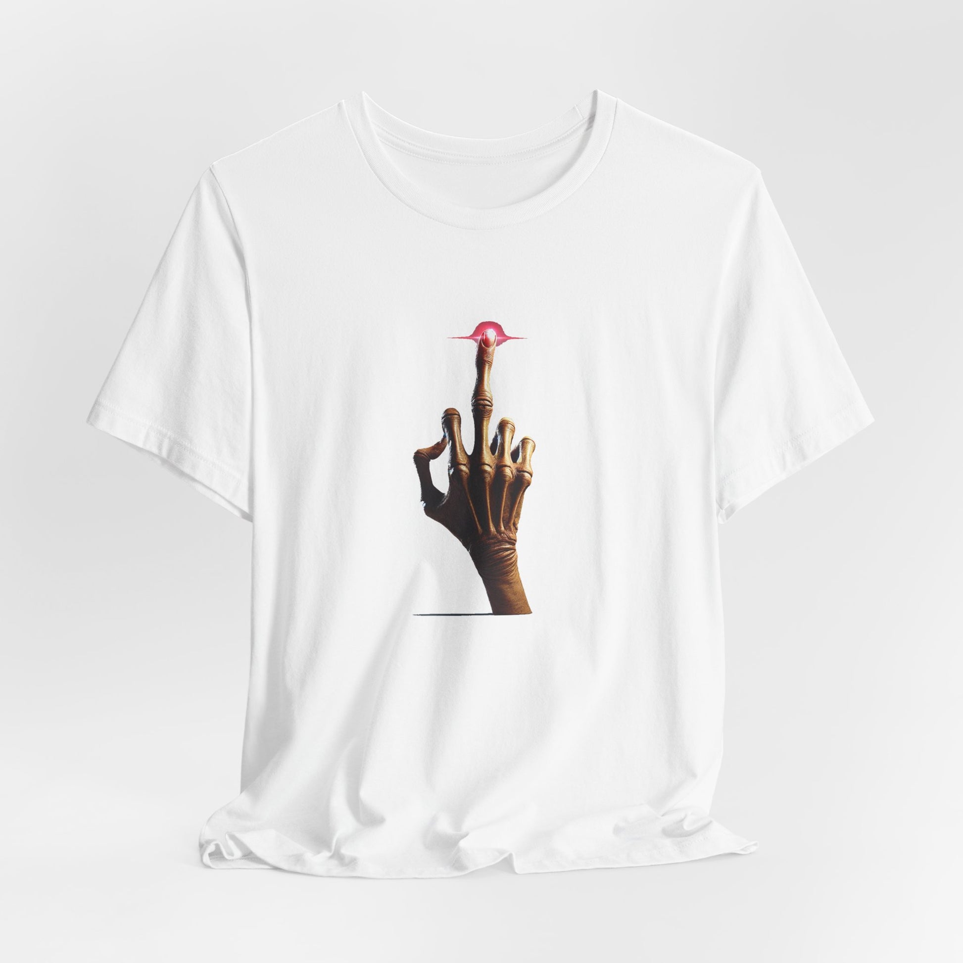 White E.T Unisex T-Shirt flat lay with hand graphic design