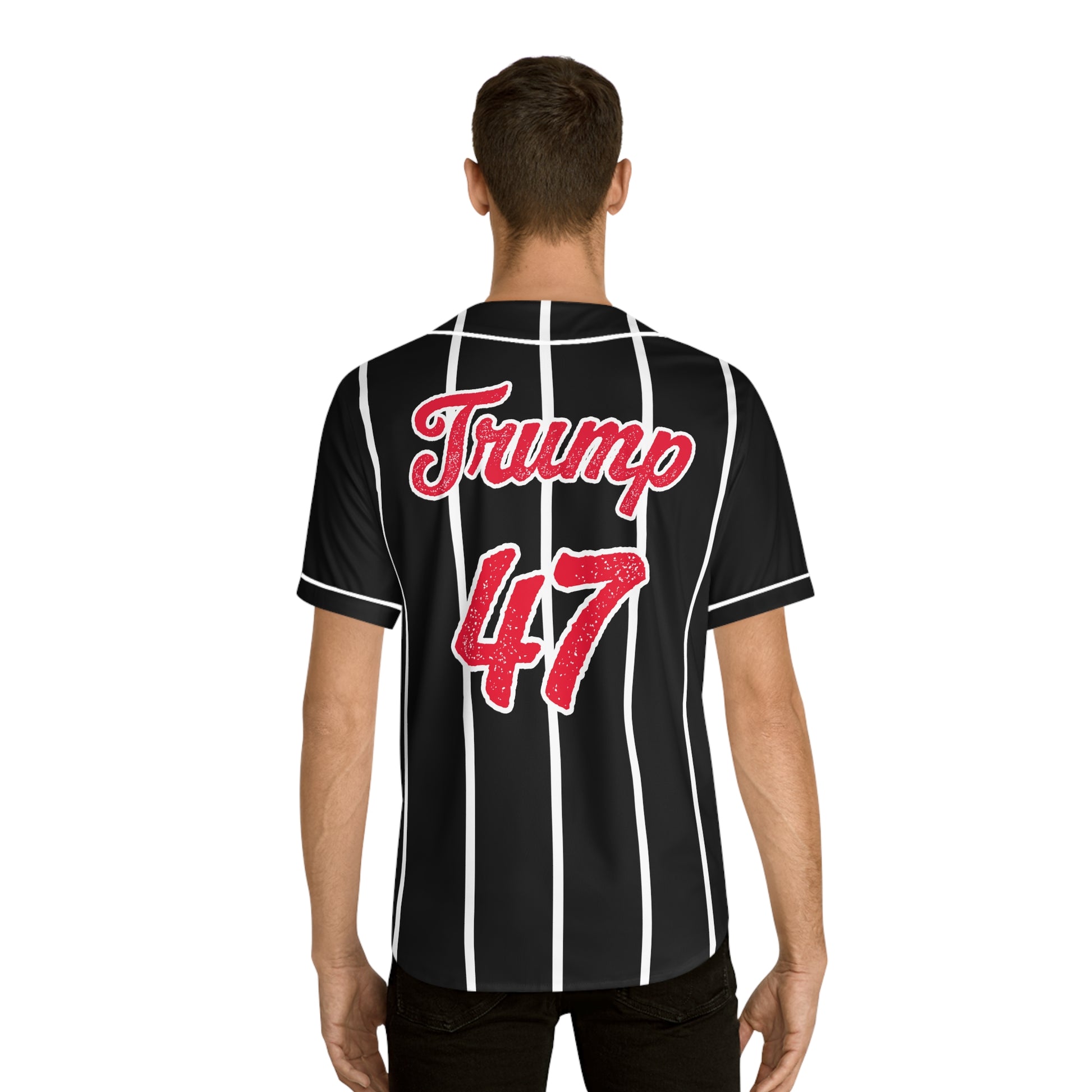 Donald Trump 47 Baseball Jersey – Men's Black & White Pinstripes – Trump Supporter Sports Apparel