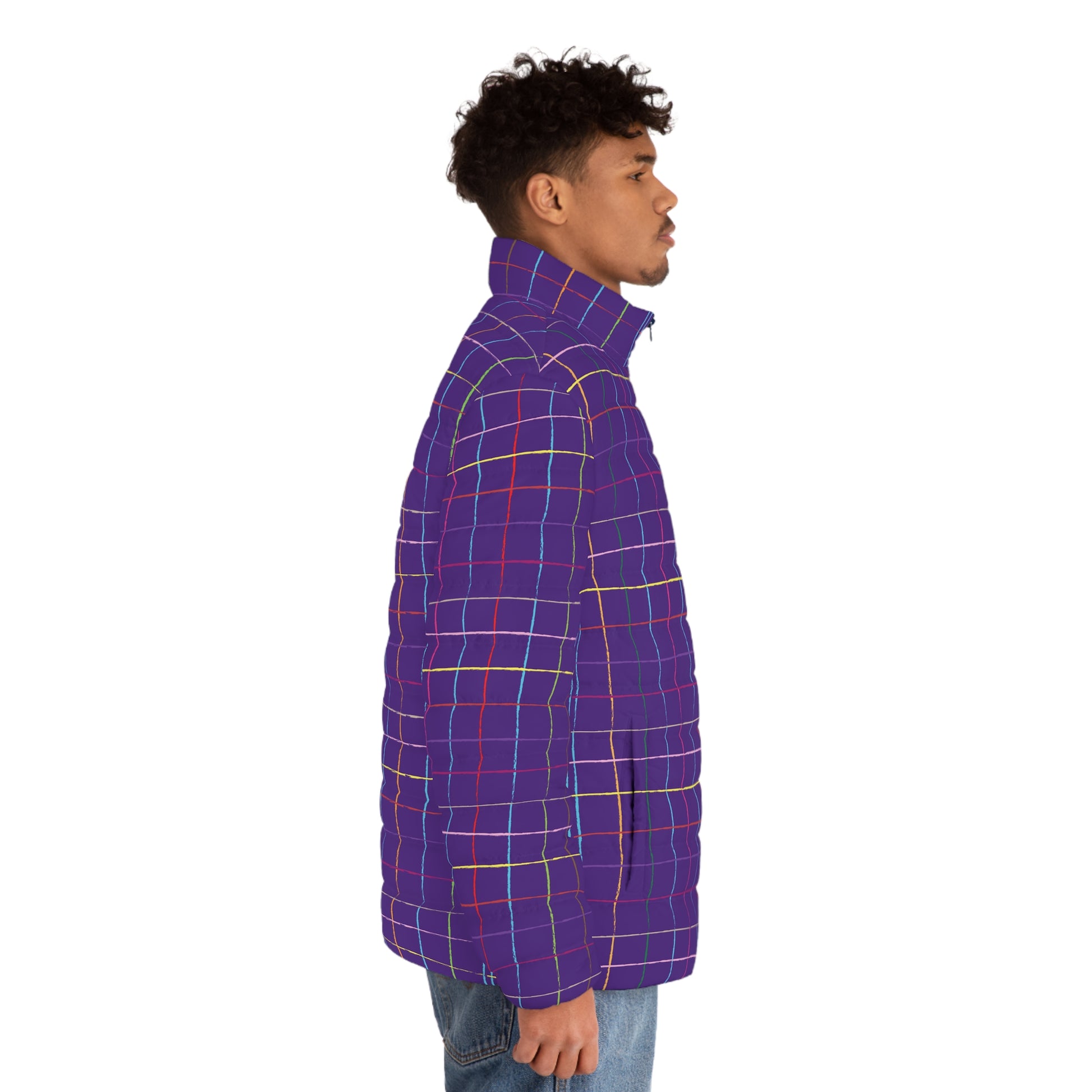 Model wearing Colorful Grid Men’s Puffer Jacket Lightweight Winter Coat side profile