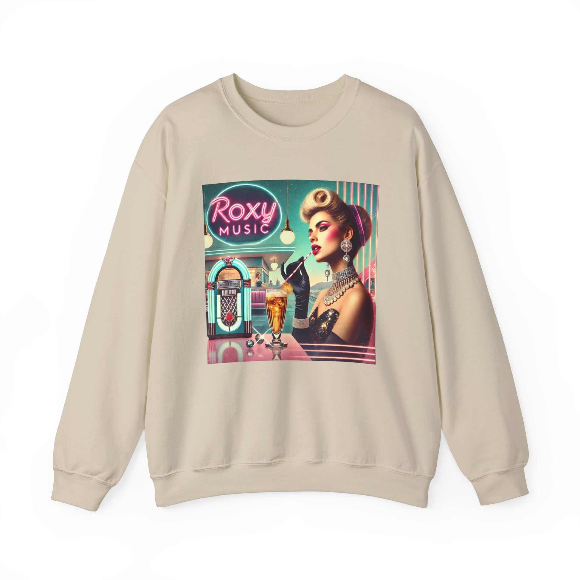 Front view beige Album Cover Nostalgia sweatshirt with Roxy Music retro album cover graphic