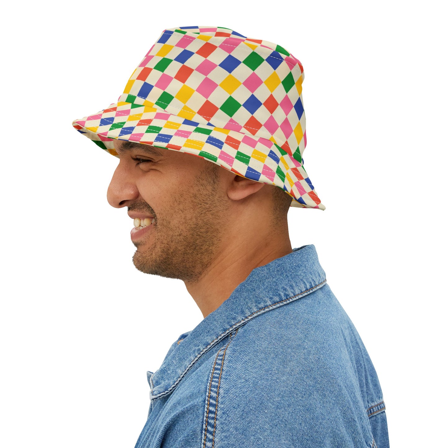 Man smiling in profile while wearing Colored Squares Bucket Hat.