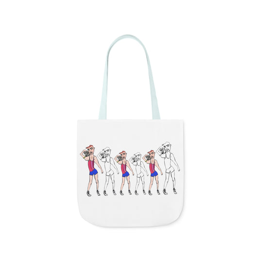 White tote bag featuring a playful progression of a cartoon character dancing in a red and blue outfit