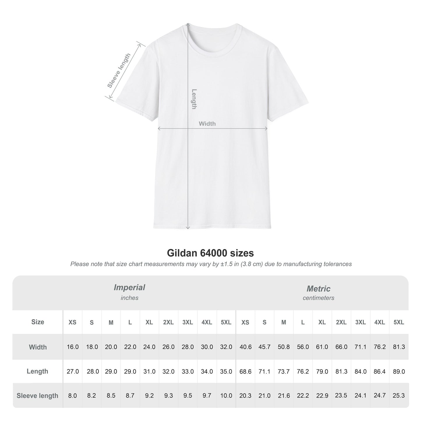 White Oasis Go Let It Out T-shirt size chart reference image