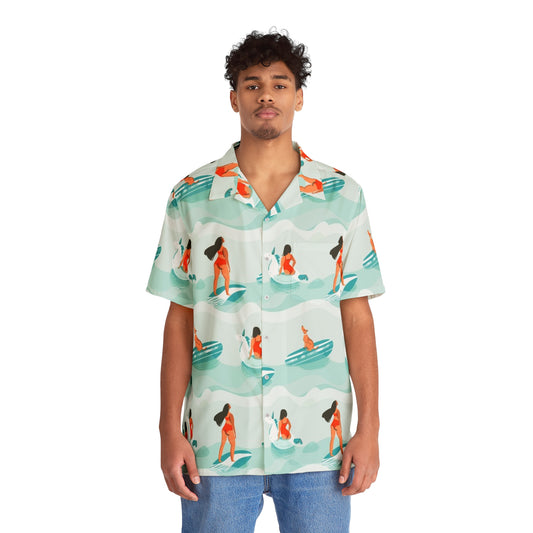 Men's Pacific Surfers Shirt featuring a tropical ocean wave print with surfers, a relaxed fit, and lightweight fabric for casual summer and beachwear.
