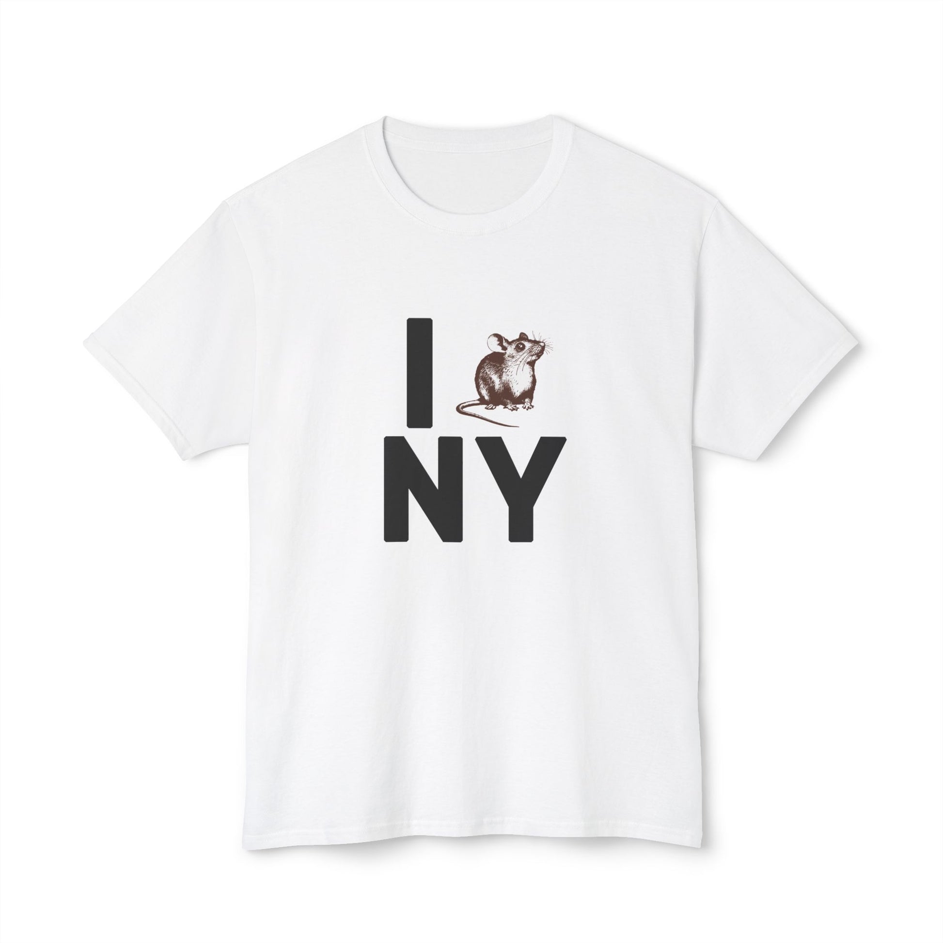 Flat lay of NY RAT T-Shirt in white with black "I ♥ NY" parody rat design.
