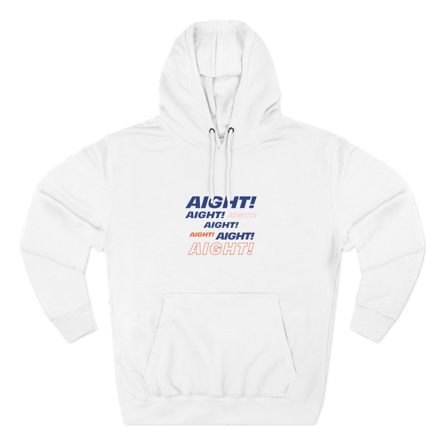 Flat lay of white AIGHT hoodie with blue and orange text on plain background