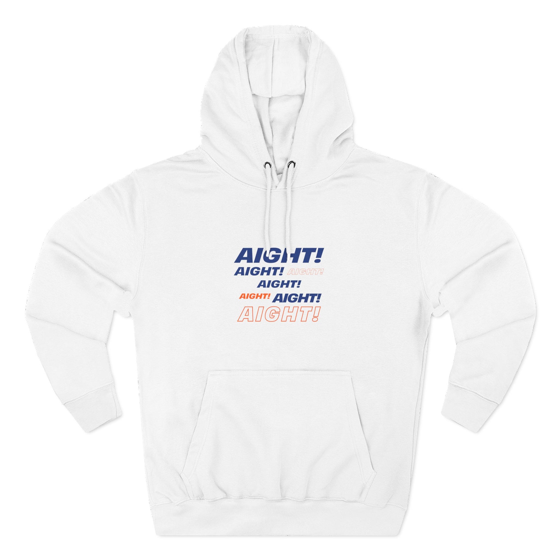 Flat lay of white AIGHT hoodie with blue and orange text on plain background