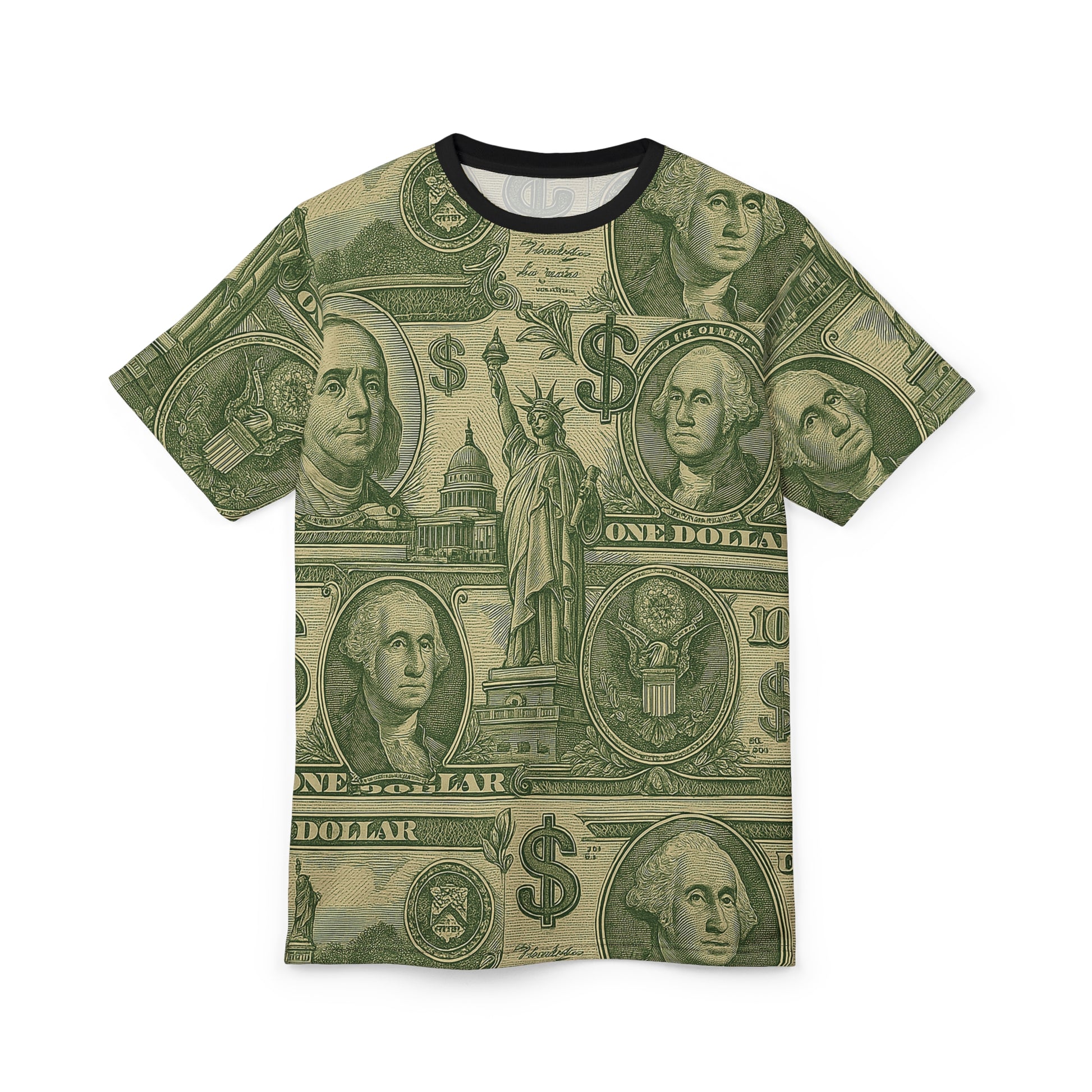 Flat lay of Dollar T-Shirt, front side showing full dollar bill print