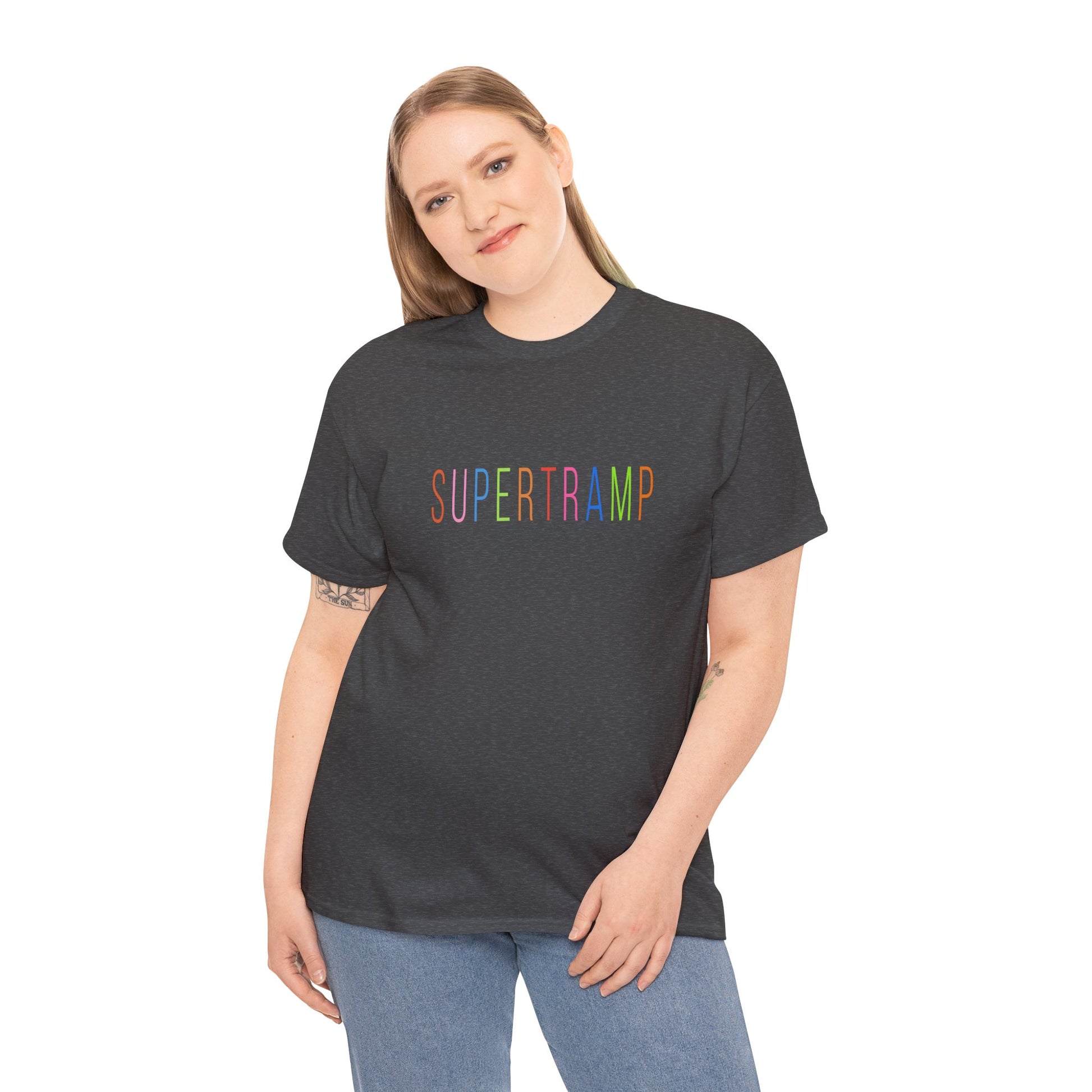 Model wearing dark gray Supertramp unisex t-shirt with rainbow design.
