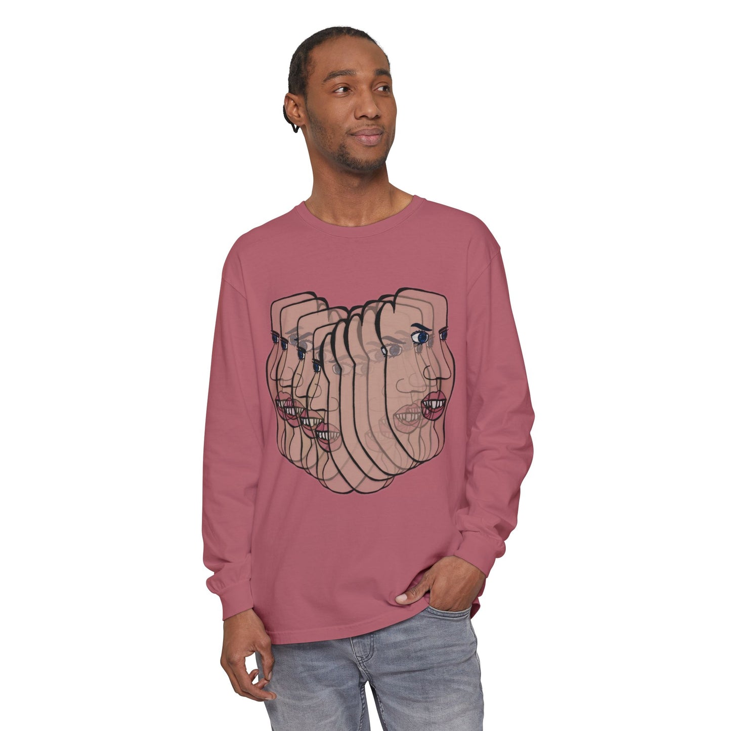 Male model wearing Charlie Long Sleeve T-Shirt in faded red