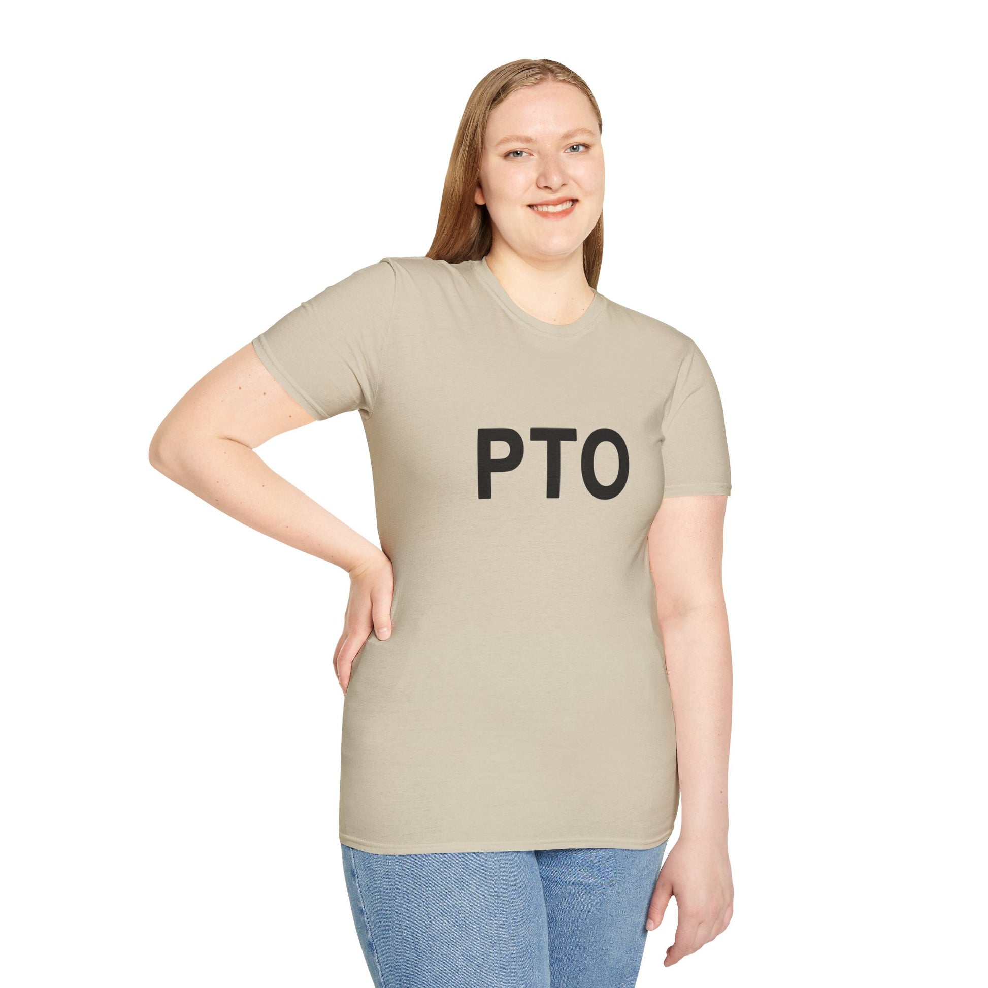 Woman wearing a beige t-shirt with 'PTO' text on a white background