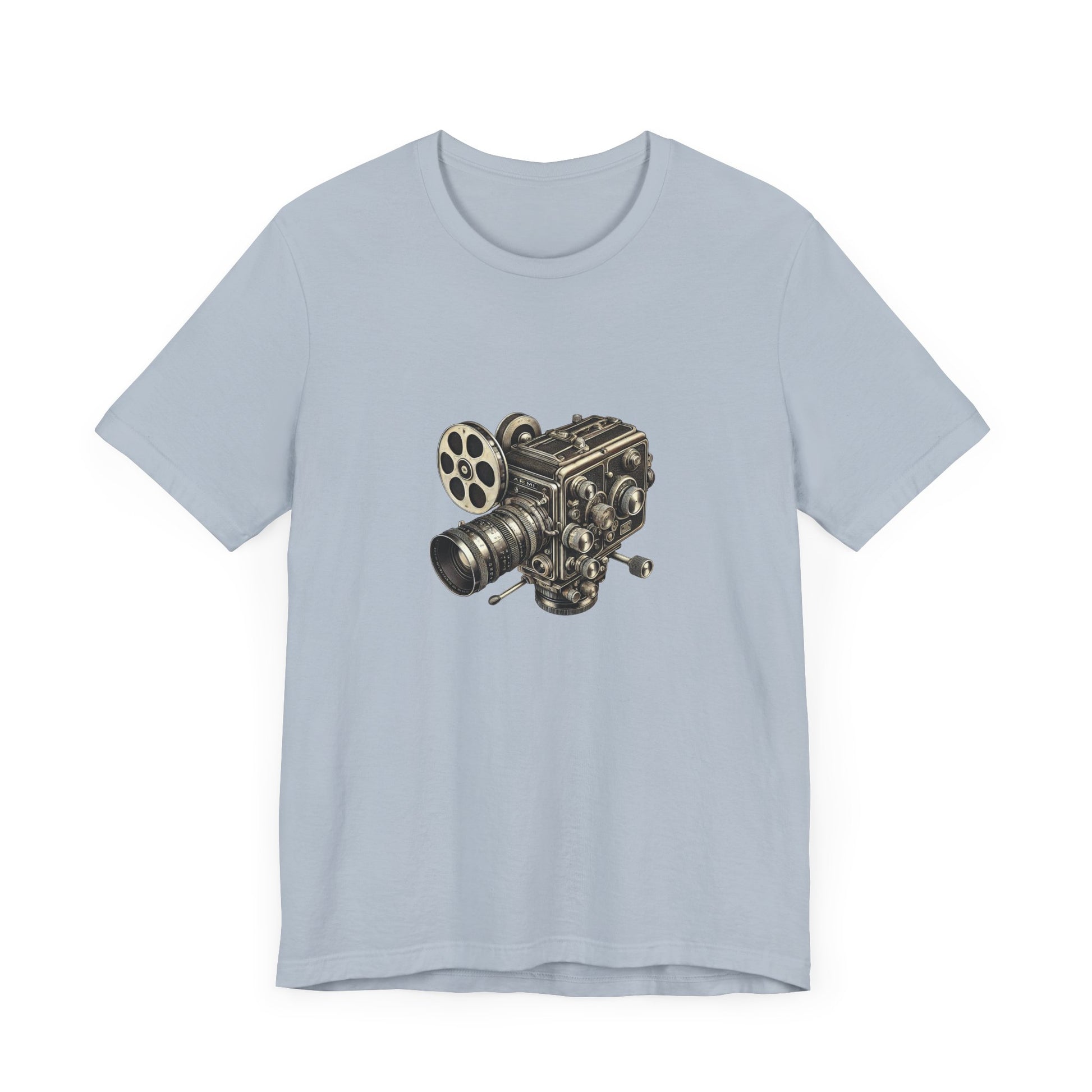 Light blue t-shirt with vintage 16mm camera design laid flat