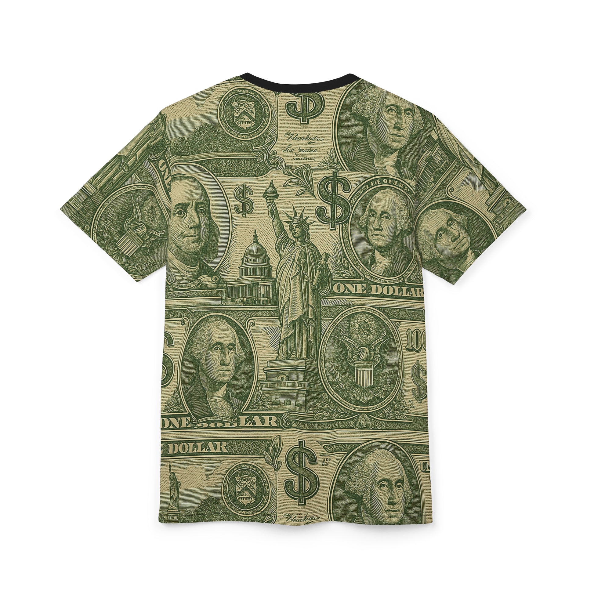 Flat lay of Dollar T-Shirt, back side showing full dollar bill print